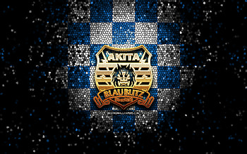Blaublitz Akita FC, glitter logo, J2 League, blue white checkered background, soccer, japanese football club, Blaublitz Akita logo, mosaic art, football, Blaublitz Akita HD wallpaper