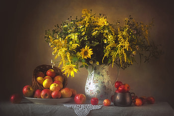 Still life, Florida, Apples, Bouquet, Dishes HD wallpaper