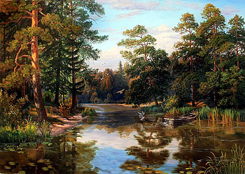 Potapov. On the lake, painting, art, nature, lake, potapov, tree HD wallpaper