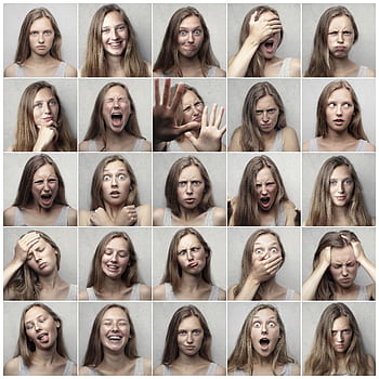 Multiple portraits showcasing various facial expressions and emotions of a young woman. HD phone wallpaper