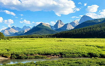 Amazing way to end hiking for the day, river, peaks, clouds, landscape, sky HD wallpaper