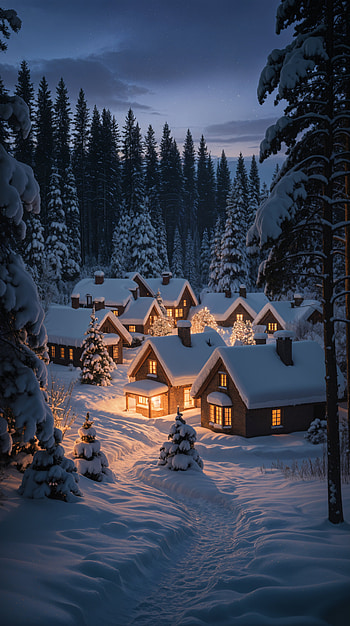 snow, cottage, village, forest HD phone wallpaper