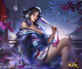 Fantasy girl, fantasy, fireworks, blue, hand fan, frumusete, yiqian zhang, girl HD wallpaper