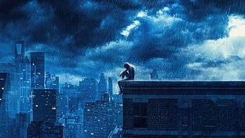 Spiderman Sitting On City Rooftop In Rain, spiderman, superheroes, artist, artwork, digital-art HD wallpaper