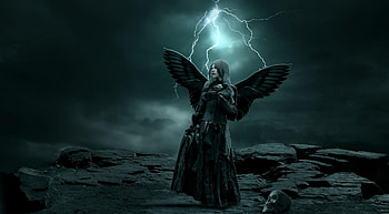 Fantasy, Lightning, Rock, Darkness, Girl, Wings, Skull HD wallpaper