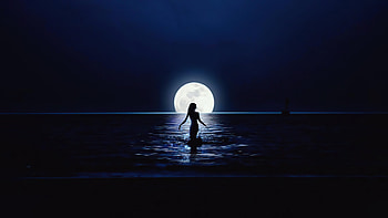 Girl Walking Towards Moon In Ocean, alone, moon, artist, artwork, digital-art HD wallpaper