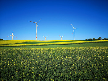 Landscape, farms, wind turbines HD wallpaper