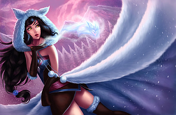 Ahri Snowstorm, blue, winter, domeano, ahri, girl, fox, pink, fantasy, league of legends, game, snowstorm, nine tails HD wallpaper