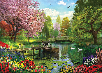 Forest lake, dog, animal, dominic davison, spring, painting, flower, border collie, pictura, water, caine, art, tree, lake, pink, green, red, forest HD wallpaper
