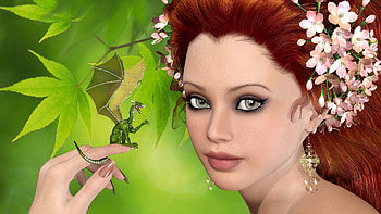 Beauty with little dragon, rendering, cute, girl, pink, fantasy, flower, green, dragon, daenerys, redhead, luminos HD wallpaper