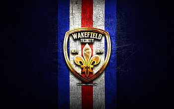 Wakefield Trinity, golden logo, SLE, blue metal background, english rugby club, Wakefield Trinity logo, rugby HD wallpaper