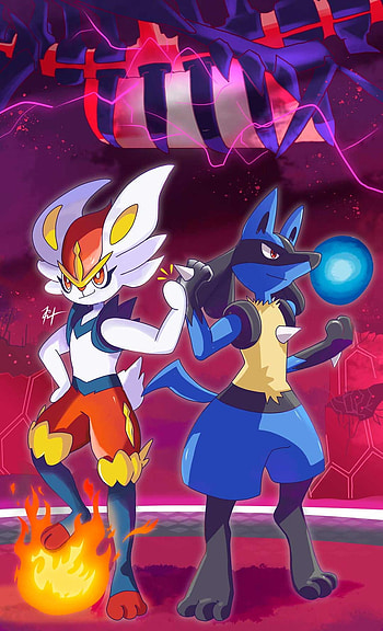 Cinderace and Lucario!, red, art HD phone wallpaper