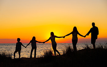 Family at Sunset, America, family, lake, sunset HD wallpaper