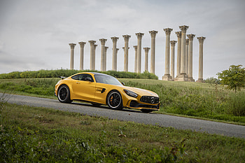 Yellow Mercedes-AMG GT, sports car, 2019 HD wallpaper