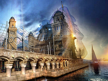3D Building, building, wire, sailboat, ocean HD wallpaper