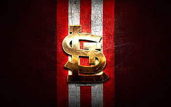 St Louis Cardinals emblem, MLB, golden emblem, red metal background, american baseball team, Major League Baseball, baseball, St Louis Cardinals HD wallpaper