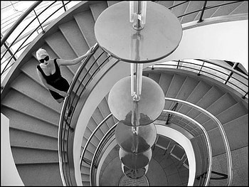 STAIRS.., white, stairs, black, building, woman, beauty HD wallpaper