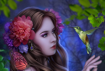 Hummingbird, blue, bird, colibri, peony, girl, ennya7, hand, butterfly, fantasy, red, luminos HD wallpaper