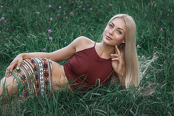 Beauty, blonde, evgeni galuaev, green, evgeni galiaev, grass, girl, woman HD wallpaper