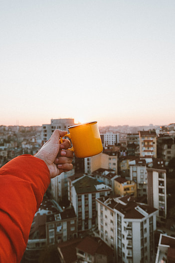 Dawn, City, Hand, Miscellanea, Miscellaneous, Cup, Roof, Roofs, Mug, Rising Sun HD phone wallpaper