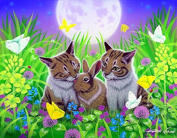 Together Forever, attractions in dreams, cats, paintings, spring, butterflies, love four seasons, animals, butterfly designs, flowers, rabbit, moons HD wallpaper