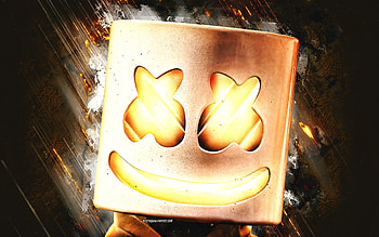 Marshmello, American DJ, golden stone background, Marshmello mask, grunge art, creative art, DJ Marshmello HD wallpaper