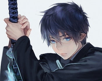 Okumura Rin, blue, black, rin, blue flame, 3d, abstract, cg, rin okumura, male, handsome, plain, white, sword, blue exorcist, dark, blade, simple, boy, anime, light, weapon, katana, realistic, guy, ao no exorcist HD wallpaper