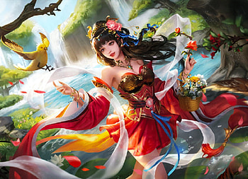 Exotic Beauty, exotic, , girl, beauty, colorful, birds, art, beautiful, digital, lamamake, fantasy HD wallpaper
