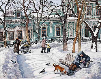 A. Dergileva. square, winter, dog, painting, art, snow, a dergileva HD wallpaper