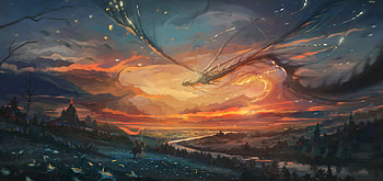 Fantasy, Warrior, dragon, flight, sunset, art HD wallpaper