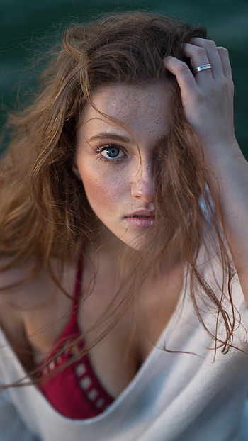 blue eyes, brunette, woman, model HD phone wallpaper