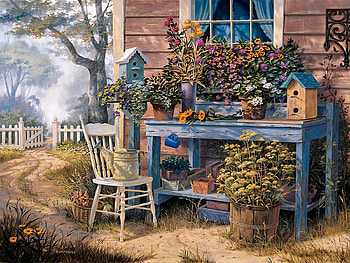 Wildflowers, chair, table, painting, blossoms, garden, cabin HD wallpaper
