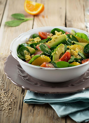 Quinoa spinach bowl, Avocado orange combo, Happy Plates recipe, Balanced meal HD phone wallpaper