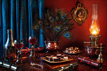 Still life, Peacock feathers, Lamp, Candy, Wine, Glasses HD wallpaper