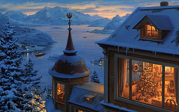 Homecoming for Christmas, Christmas, painting, lake, house, winter HD wallpaper