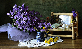 Still life, purple, abstract, graphy, yellow, flowers, spring, cup HD wallpaper