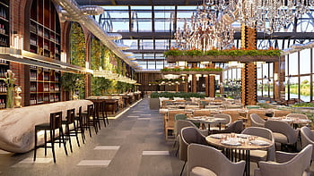 Elegant restaurant interior featuring chandeliers, greenery, and stylish dining furnishings. HD wallpaper