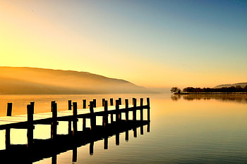 Nature, Sunset, Twilight, Lake, Pier, Fog, Dusk HD wallpaper