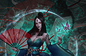Fantasy girl, girl, mist xg, fan, hand fan, butterfly, fantasy, green, luminos, redf HD wallpaper