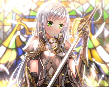 Warrior, silver hair, cute, , braids, female, sexy, sword, hot, girl, armor, blade, anime girl, anime, white hair, weapon, green eyes HD wallpaper
