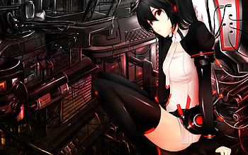 Girl In Machine, black, anime, machine, red, girl HD wallpaper