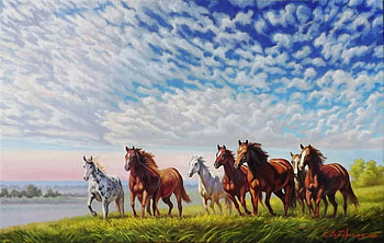 Elena Samarskaya . : A herd goes away to sky. 2012 year., animal, horse, elena samarskaya, painting, art, run, sky, cloud HD wallpaper