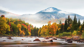 Fog over Whiteface and the Ausable River, NY, fall, landscape, trees, colors, autumn, mountains, usa HD wallpaper