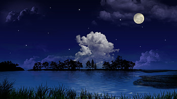 Night Vision, peaceful, beautiful, scenrey, stars, dark, tranquil, lake, moon, clouds, trees, water, moon light HD wallpaper
