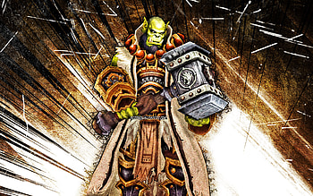 Thrall, grunge art, World of Warcraft, Son of Durotan, WoW, monstr, brown abstract rays, World of Warcraft Shadowlands, Thrall World of Warcraft HD wallpaper