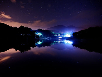 Lake at Night, night, reflection, lights, nature, stars, lake, home HD wallpaper