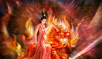 Fire dragon, hokyo, asian, girl, orange, fantasy, the zen warrior, dragon, luminos, fire HD wallpaper