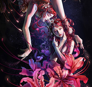 Fantasy girls, dreamingfire rotheus, red, couple, girl, blue, nymph, frumusete, dreamingfire, rotheus, pink, fantasy, luminos HD wallpaper