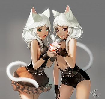 Cat Ears, silver hair, nekomimi, double, cute, nice, icecream, , plain, sweet, white, neko mimi, twins, girl, tail, food, ice cream, anime girl, simple, neko, anime, pretty, white hair, ears, lovely HD wallpaper