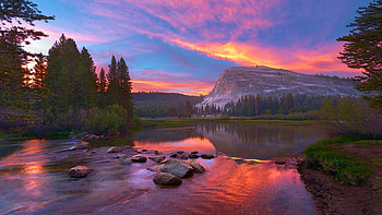 Lembert Dome Sunset, Yosemite NP, river, clouds, trees, colors, sky, rocks, usa, California HD wallpaper